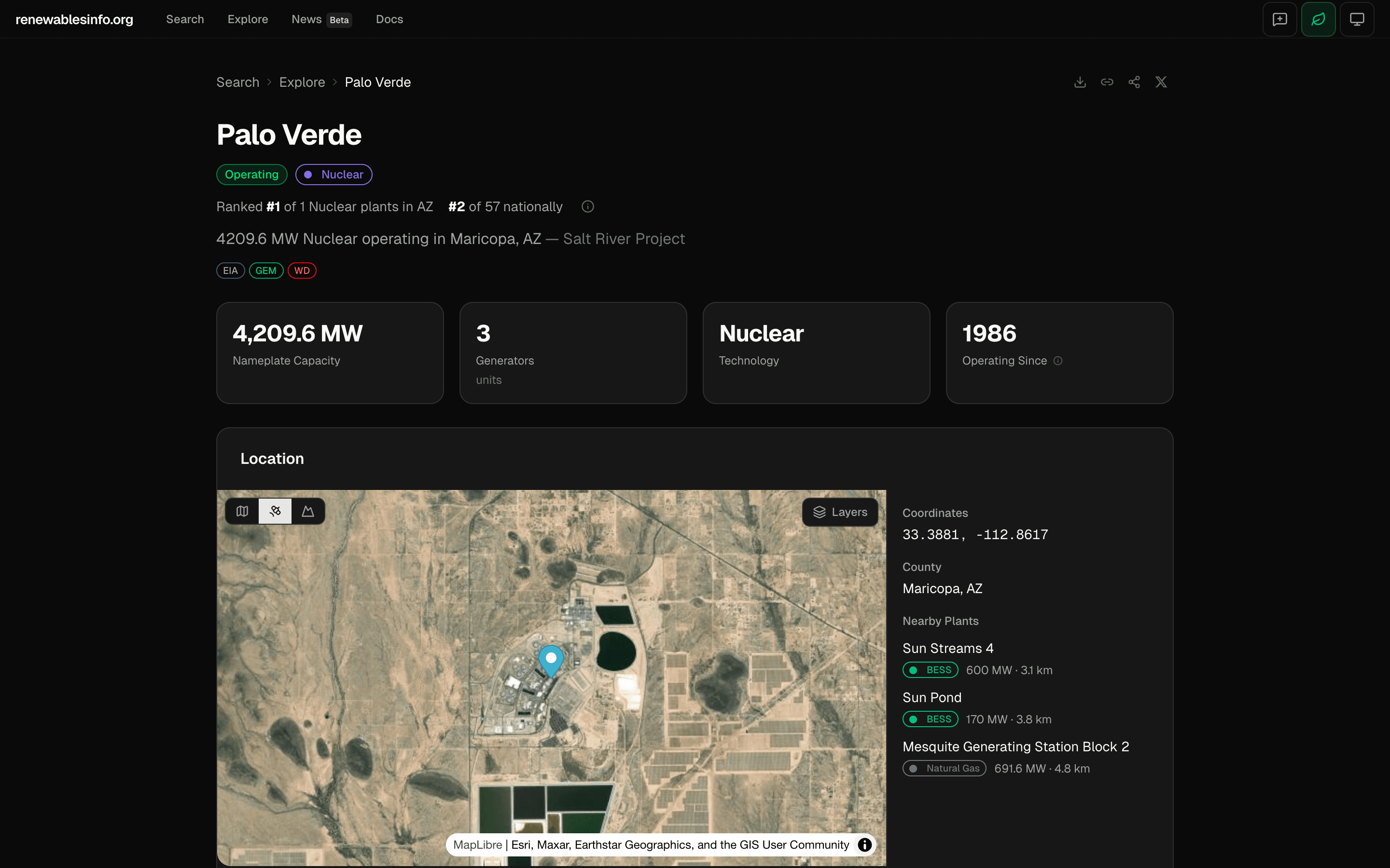 Palo Verde Nuclear plant detail page showing hero section with status badges, rankings, KPI cards (4,209 MW, 3 generators, Nuclear, 1986), and location map