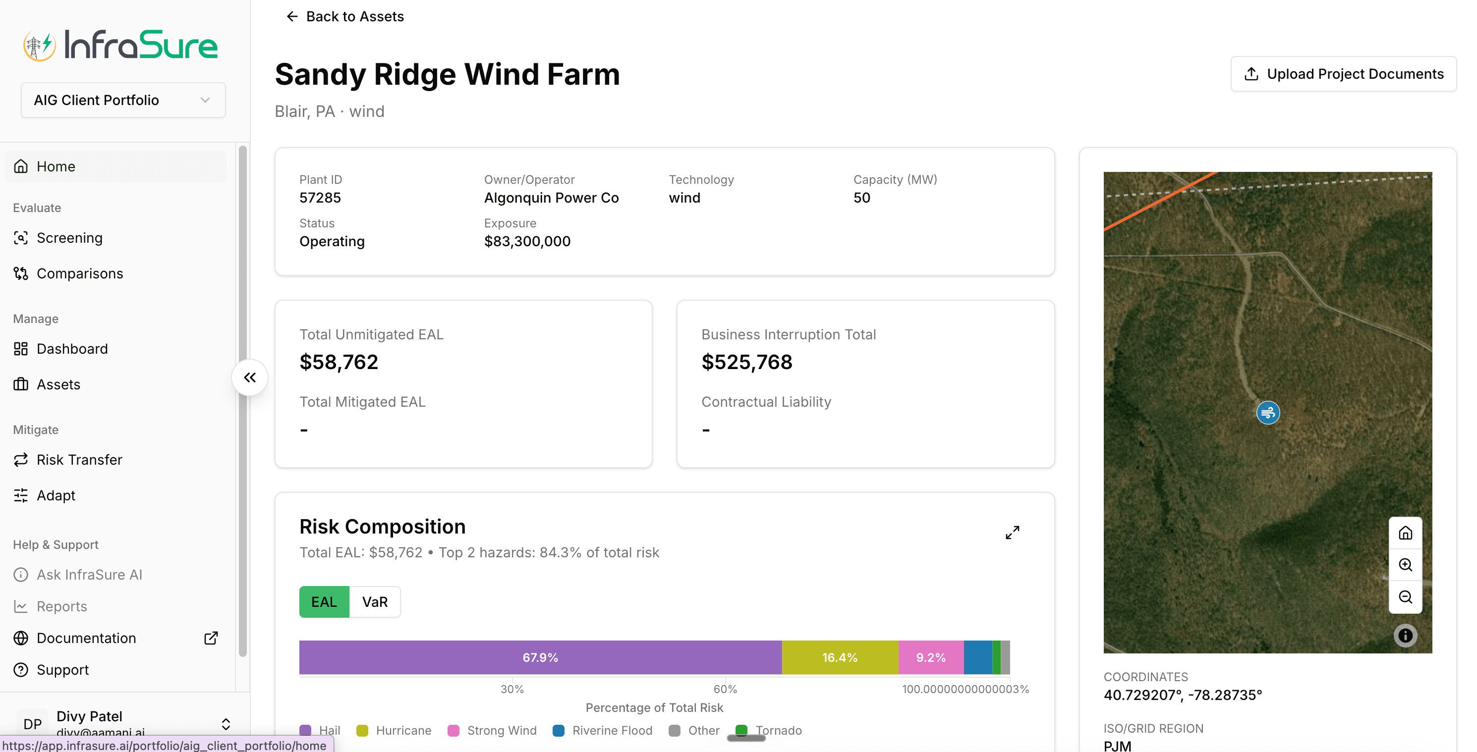 Sandy Ridge Wind Farm risk composition — total unmitigated EAL $58,762 with risk decomposed across hail (67.9%), hurricane (16.4%), strong wind (9.2%), and secondaries.