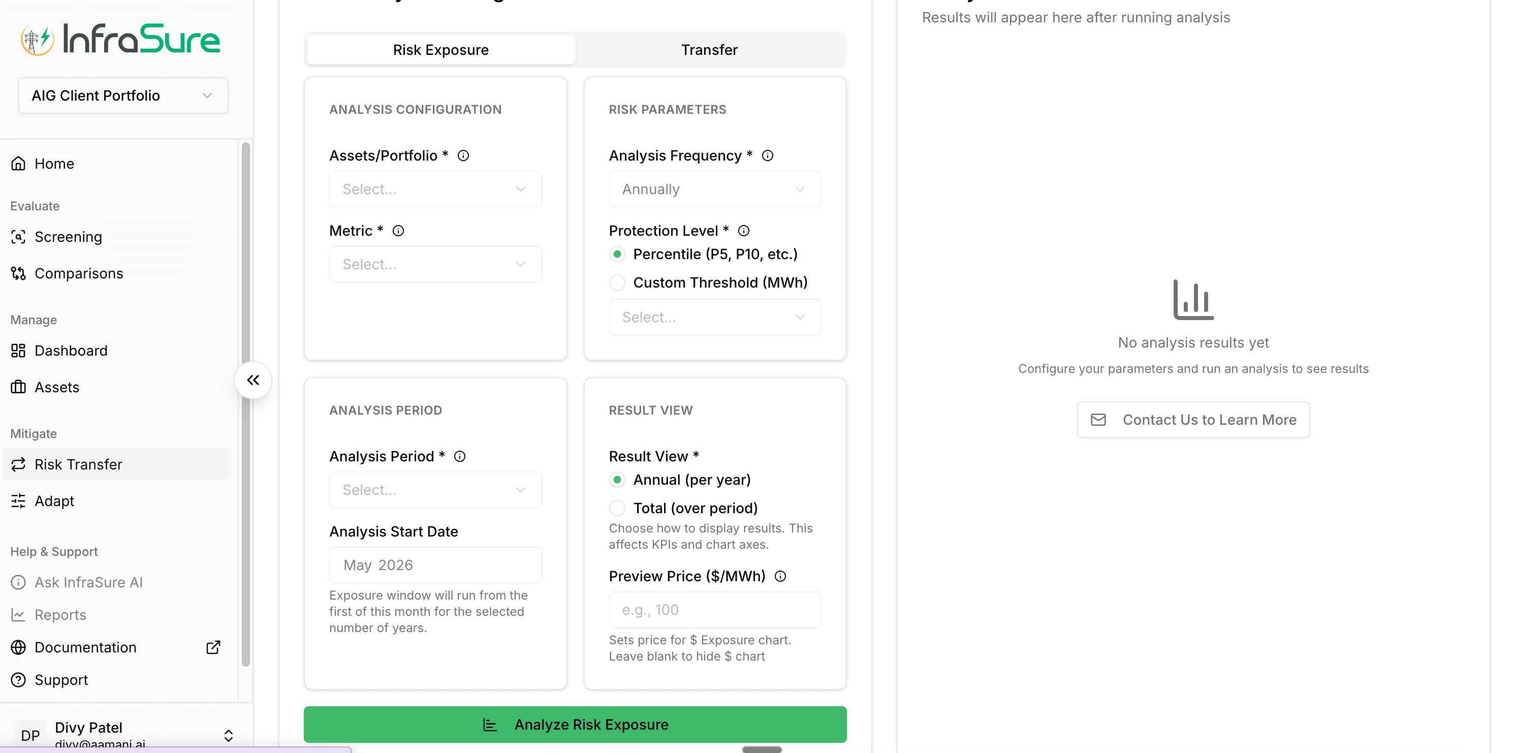 Risk Transfer / Parametric Risk Coverage configuration screen.