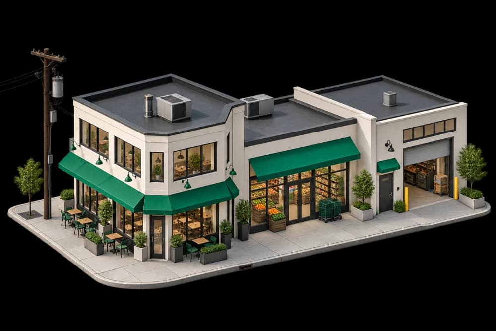 Architectural illustration of a restaurant, grocery, and workshop connected to the electrical grid