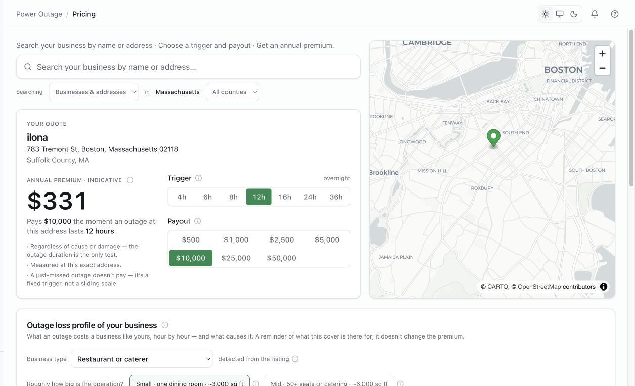 Power Outage Insurance quote for a Boston business showing a $331 indicative annual premium, a $10,000 payout triggered by a 12-hour outage, and the insured-address map.