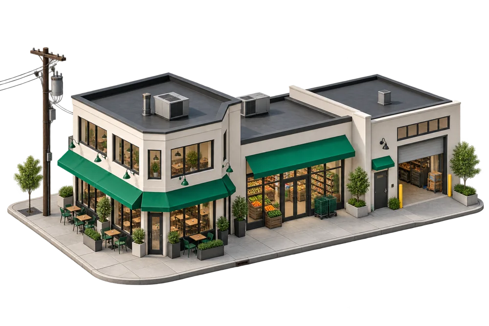 Architectural illustration of a restaurant, grocery, and workshop connected to the electrical grid
